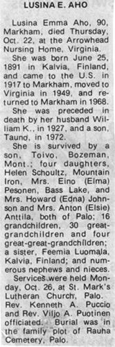 Emma Lucina Passoja - Aho
Emma Lucina Ahon (Antinaho, Passoja 30) kuolinilmoitus 22.10.1981. Asuinpaikat olivat Minnesotassa. 
Keywords: Aho Antinaho Passoja Minnesota USA 