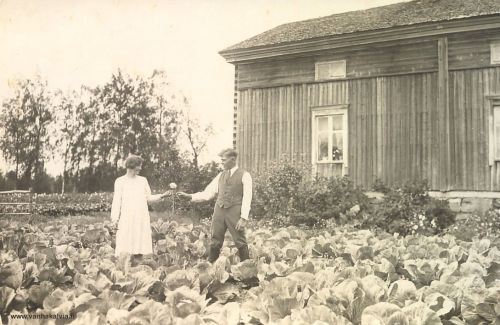 Kaalimaalla
Bertta ja Lauri Porri  kaalimaalla.
Bertta (o.s. Hilli) ja Lauri on vihitty v. 1928 ( Porri 23). Kuva on mahdollisesti samoihin aikoihin otettu. 
Kuvassa oleva Porrin talo on siirretty Toivosen eläinpuistoon ja Talonpojanmuseolle, Kälviälle.

Keywords: Porri Hilli 