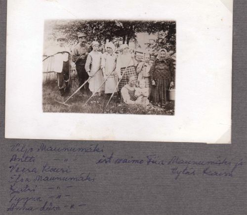 Heinäaikaan Maunumäellä
Kuva on Verner Maunumäen valokuva-albumista. Antti Maunumäki (2. vas.) oli Vernerin veli (1866-1926, Maunumäki 40). Antin vaimo Fiia (Maria Sofia Juhotytär Leppiniemi, s. 1871 Lohtajalla) istuu ruohikossa Kaisa-tytär sylissään. Kaisa on syntynyt vuonna 1913, joten kuva lienee ehkä vuodelta 1915.

Viljo, Elsa ja Tyyne Maunumäki ovat Vernerin lapsia ja kesävieraina Maunumäellä. Anna-Liisa on Antin ja  Vernerin äiti (Maunumäki 32). Anna-Liisan kolmesta aikuiseksi eläneestä lapsesta vanhin, Juho Maunumäki (1862-1898), lähti Amerikkaan ja jonkun aikaa siellä oltuaan oli aikeissa matkustaa Suomeen. Hänet kuitenkin ryöstettiin ja murhattiin lähtösatamassa.
 
Anna-Liisan puoliso, Juhon, Antin ja Vernerin isä, Kalle Matinpoika Lassila (1836-1876, Lassila 20) lähti Amerikkaan syksyllä 1872. Hän ehti olla siellä neljä vuotta, 18.9.1876 hän sai surmansa kaivosonnettomuudessa. 




Keywords: Maunumäki Lassila Leppiniemi Lohtaja Viipuri  