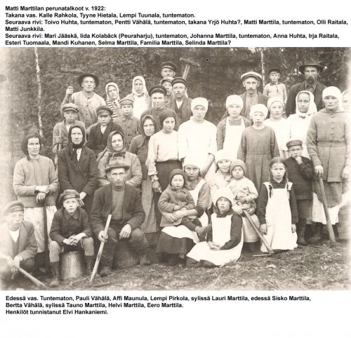 Matti Marttilan päärynottotalkoot 21.9.1922.
Keywords: Marttila Rahkola Hietala Tuunala Huhta Vähälä Raitala Junkkila Jääskä Kolabäck Peuraharju Tuomaala Kuhanen Vähälä Maunula Pirkola