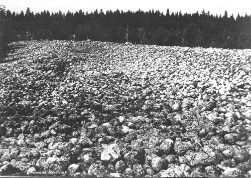 Pirun päärymaa
Paikka on nimeltään Välikangas Ristinevan laidalla. Tämä on tiettävästi suurin ”Pirun päärymaa” Kälviällä. Pirunpelto tai muinaisranta on jääkauden aikaansaama laaja kivikko, joka sijaitsee yleensä muinaisella rannalla. Kun vedenpinta on laskenut, on tuhansien vuosien takaisten rantatyrskyjen huuhtomia pirunpeltoja jäänyt myös syvemmälle sisämaahan. Pirun päärymaan on kuvannut Uuno Huhtala 1950-luvulla.

Keywords: Välikangas Ristineva