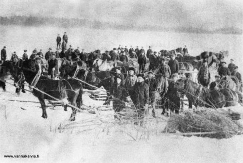 Hirsimetsän savotta
Hakkuumiehiä ja hevosia Hirsimetsän suurissa savotoissa.
Kuva on vuodelta 1937 ja Junnolan kuvaama.

Keywords: Hirsimetsä