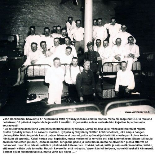 Varkauden sotasairaala 
Vilho Hankaniemi takana toinen vasemmalta, toipumassa Varkauden sotasairaalassa 1940.
Keywords: Hankaniemi Varkaus